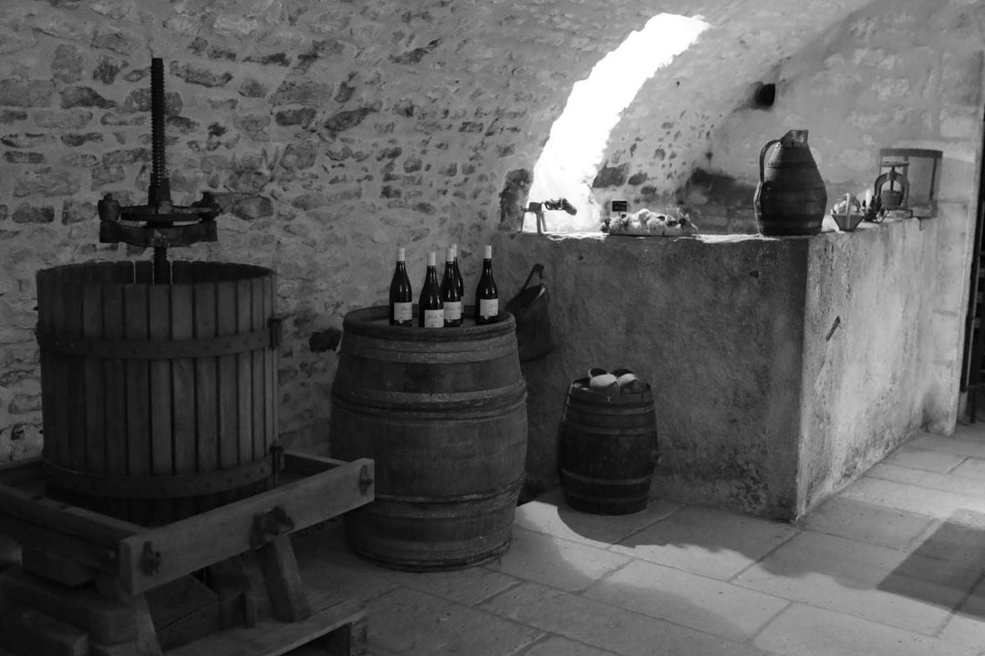 Black and white photo of the winery walk in of Domaine Jean Dauvissat Pére et Fils